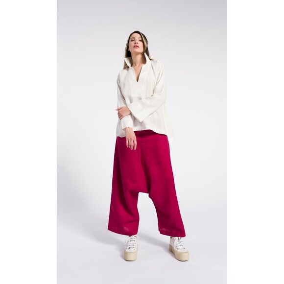 AAKASHA BOHO LINEN DROP CROTCH PANTS In White Small Art To Wear Lagenlook $155 - Picture 5 of 11